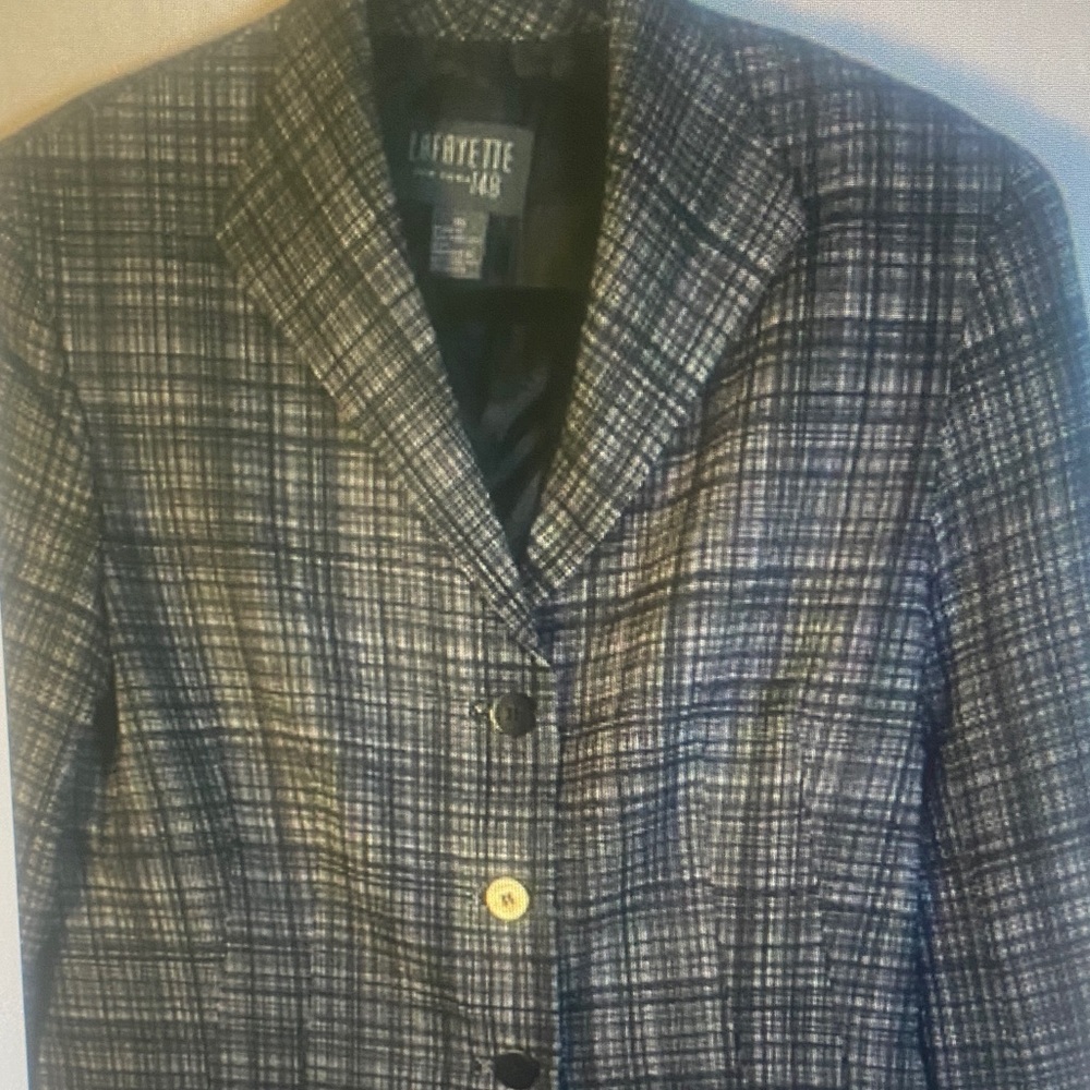 Lafayette 148 New York Wool Silk Blazer Jacket 3 Button Black White Womens 10